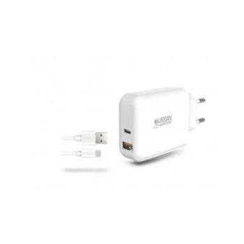   Hálózati töltő, 1xUSB-A (18W), 1xUSB-C (45W), USB-A–USB-C kábel, URBAN FACTORY
