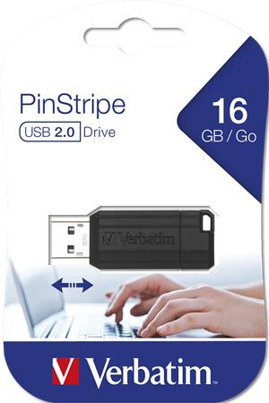 Pendrive, 16GB, USB 2.0, 10/4MB/sec, VERBATIM "PinStripe", fekete