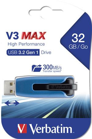 Pendrive, 32GB, USB 3.2, 175/80 MB/s, VERBATIM "V3 MAX", kék-fekete