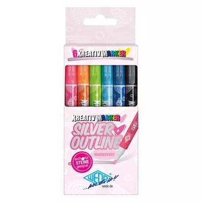 Filctoll készlet, 1-2 mm, metál ezüst, WEDO, 6 különböző színű kontúrral 6 db