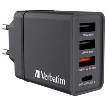   Hálózati töltő, 1xUSB-C PD (20W), USB-A QC 3.0, 2xUSB-A (10W), VERBATIM, fekete