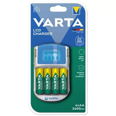 Elemtöltő, AA ceruza/AAA mikro, 4x2600 mAh AA, LCD kijelző, 12V USB, VARTA 1 készlet