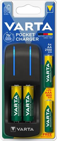 Elemtöltő, AA ceruza/AAA mikro, 4x2100 mAh AA+ 2x 800 mAh AAA, VARTA "Pocket"
