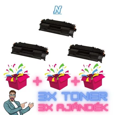 3+3 db-os PAKK, HP -hez CF-280X FEKETE / BLACK UTÁNGYÁRTOTT tonerkazetta  (►CE505X, CRG719H kompatibilis◄) + 3db meglepetés,  (3x6800 oldalas)