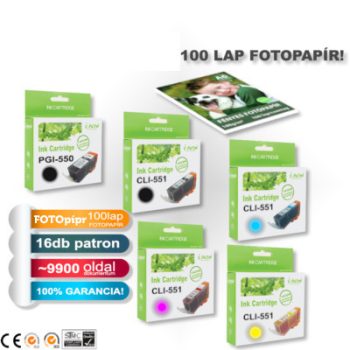   ►16+1db-os PAKK, Canon -hoz 16db  PGI-550/CLI-551XL CHIPES utángyártott TINTAPATRON / INK CARTRIDGE (~9920 oldal) + 1 csomag 20 lapos FOTÓpapír