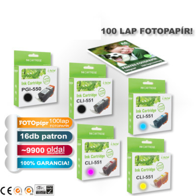►16+1db-os PAKK, Canon -hoz 16db  PGI-550/CLI-551XL CHIPES utángyártott TINTAPATRON / INK CARTRIDGE (~9920 oldal) + 1 csomag 20 lapos FOTÓpapír