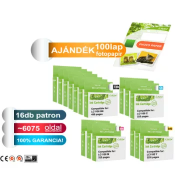  ►16+1db-os PAKK, Brother -höz 16db LC980/LC1100 utángyártott TINTAPATRON / INK CARTRIDGE (fekete: ~7x450, színek: ~9x325 oldal) + 1 csomag 20 lapos FOTÓpapír