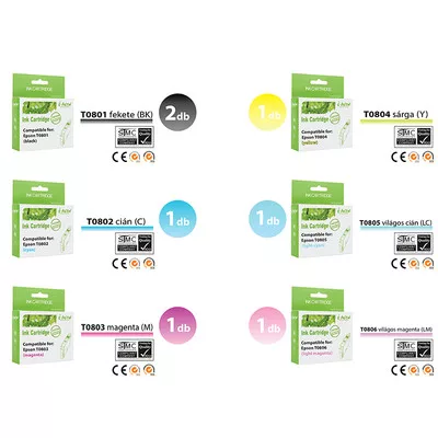 Epson -hoz ►7db◄ T0807 utángyártott TINTAPATRON / INK CARTRIDGE-pakk (2db fekete+1-1szín) (TO80) (≈2800oldal)