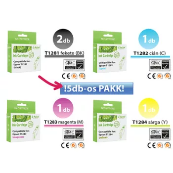   ►5db-os Epson -hoz T128x utángyártott TINTAPATRON / INK CARTRIDGE PAKK (T1285) (≈1500oldal)