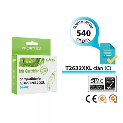 Epson -hoz, T2632 15,5 ml (Epson 26XL) cián utángyártott TINTAPATRON / INK CARTRIDGE (~540 oldal) (T2612)