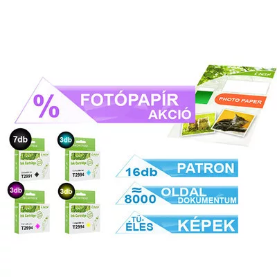 ►16+1db-os PAKK, Epson -hoz 16db T299x (Nr. 29XL) utángyártott TINTAPATRON / INK CARTRIDGE (≈8000 oldal) + 1 csomag 20 lapos FOTÓpapír